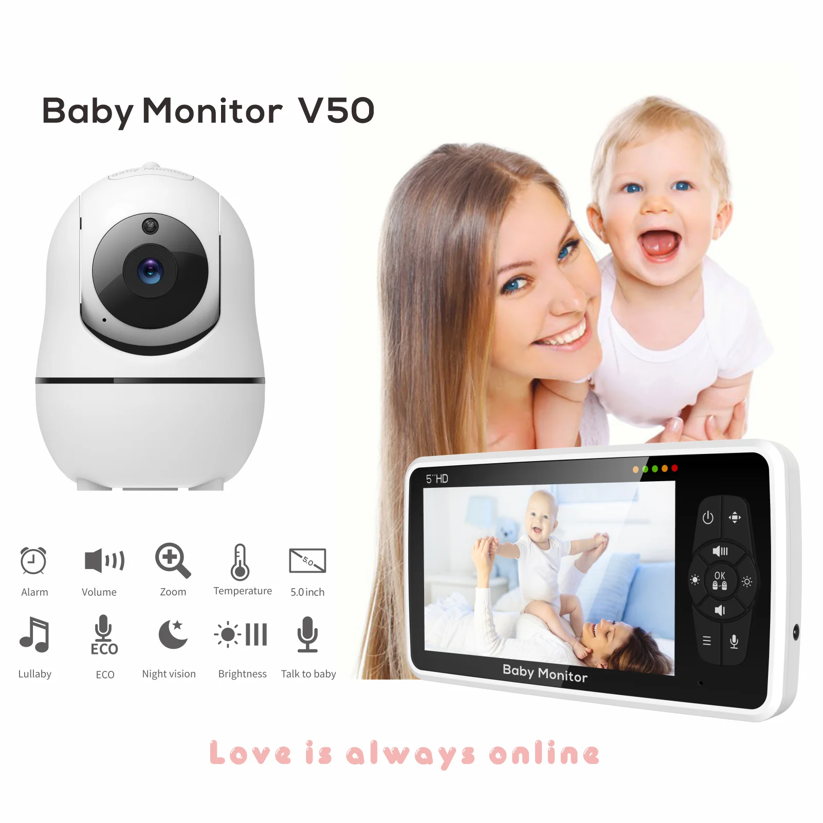 5-Inch Video Baby Monitor with Camera – 4X Zoom, 22-Hour Battery, 1000ft Range, Two-Way Audio, Temperature Sensor & Lullabies