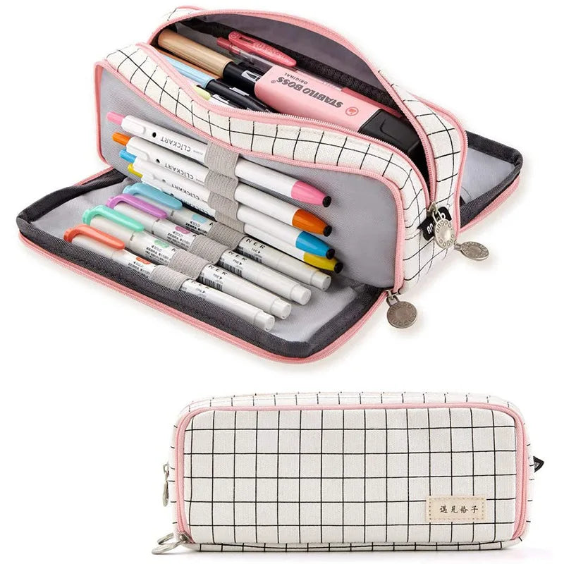 Kawaii 3-Compartment Pencil Case - Large Capacity, Double-Sided Opening, Student Desk Organizer